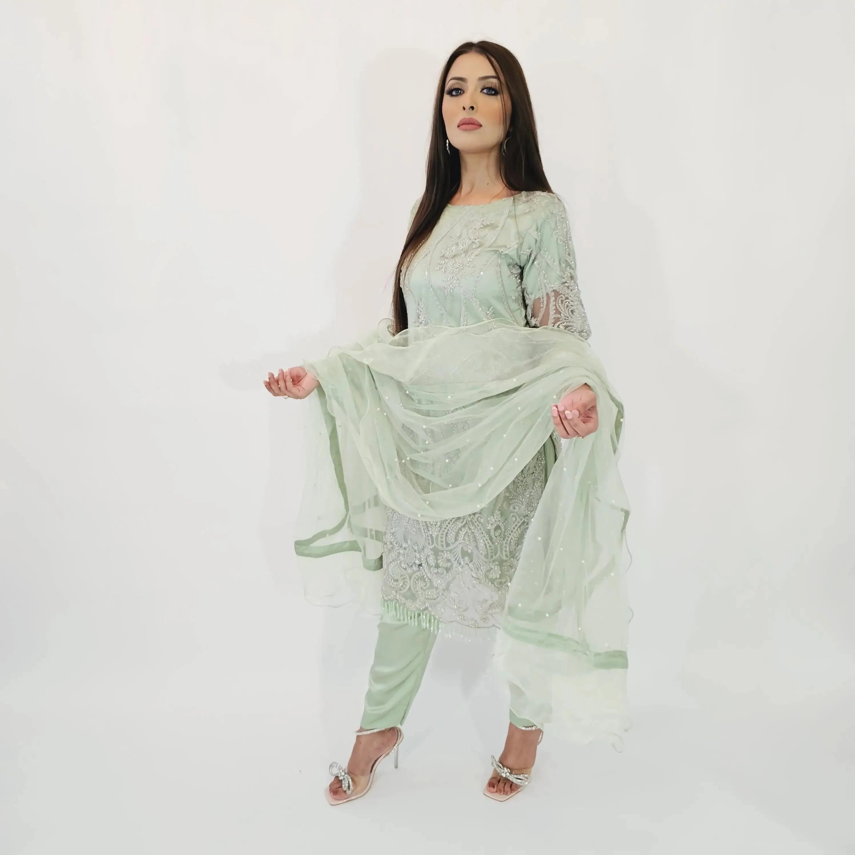 designer salwar kameez embroidery mint color