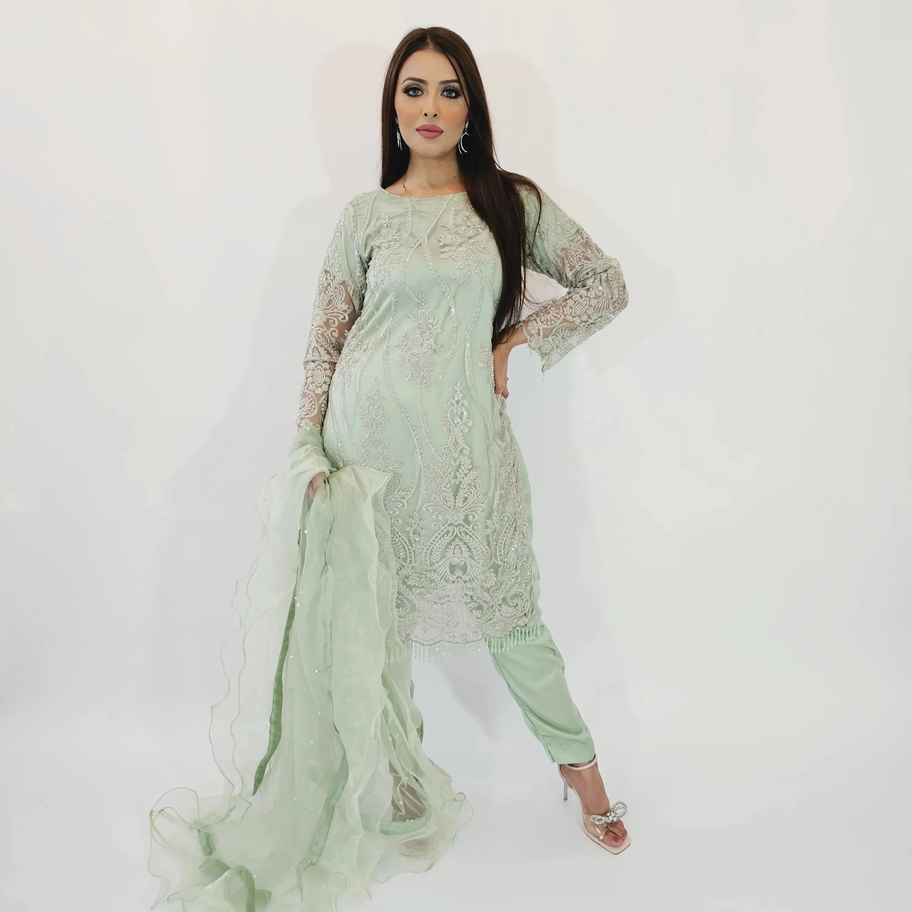 light green three piece party wear suit